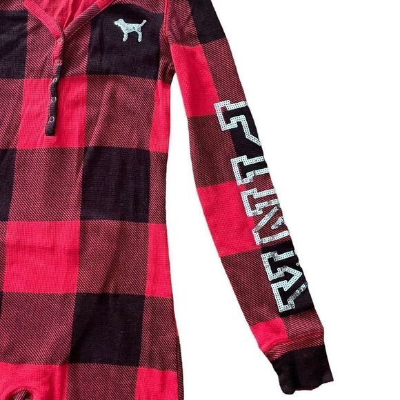 VS PINK Thermal Onesie Loungewear Buffalo Plaid Sequin Red Black Size Medium - Picture 3 of 7